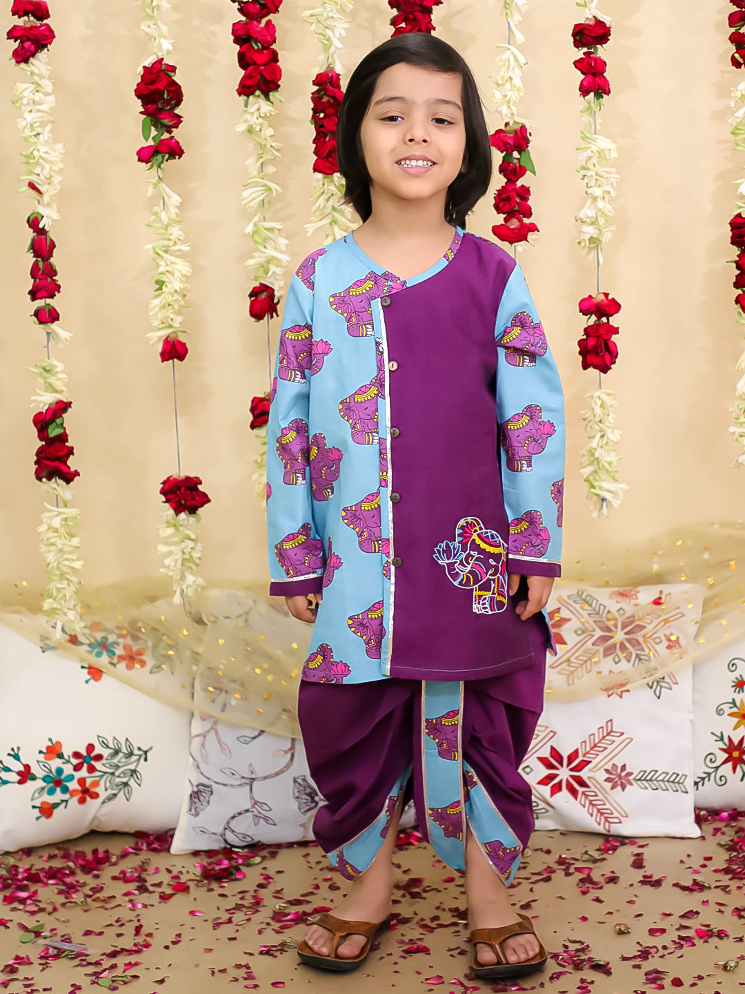 BownBee Elephant Embroidered Suit And Dhoti Kurta Sibling Set - Purple