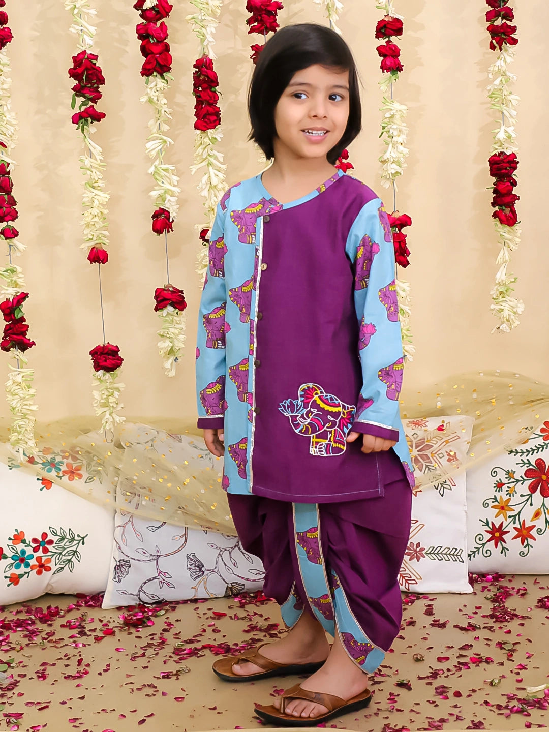BownBee Elephant Embroidered Suit And Dhoti Kurta Sibling Set