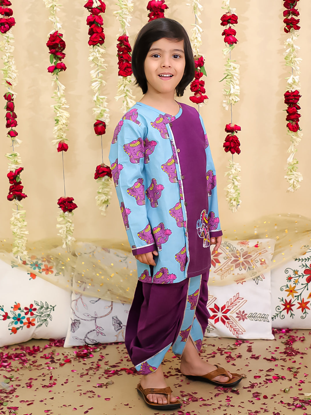 BownBee Pure Cotton Embroidered Elephant Print Dhoti Kurta for Boys | Traditional Festive Wear – Orange