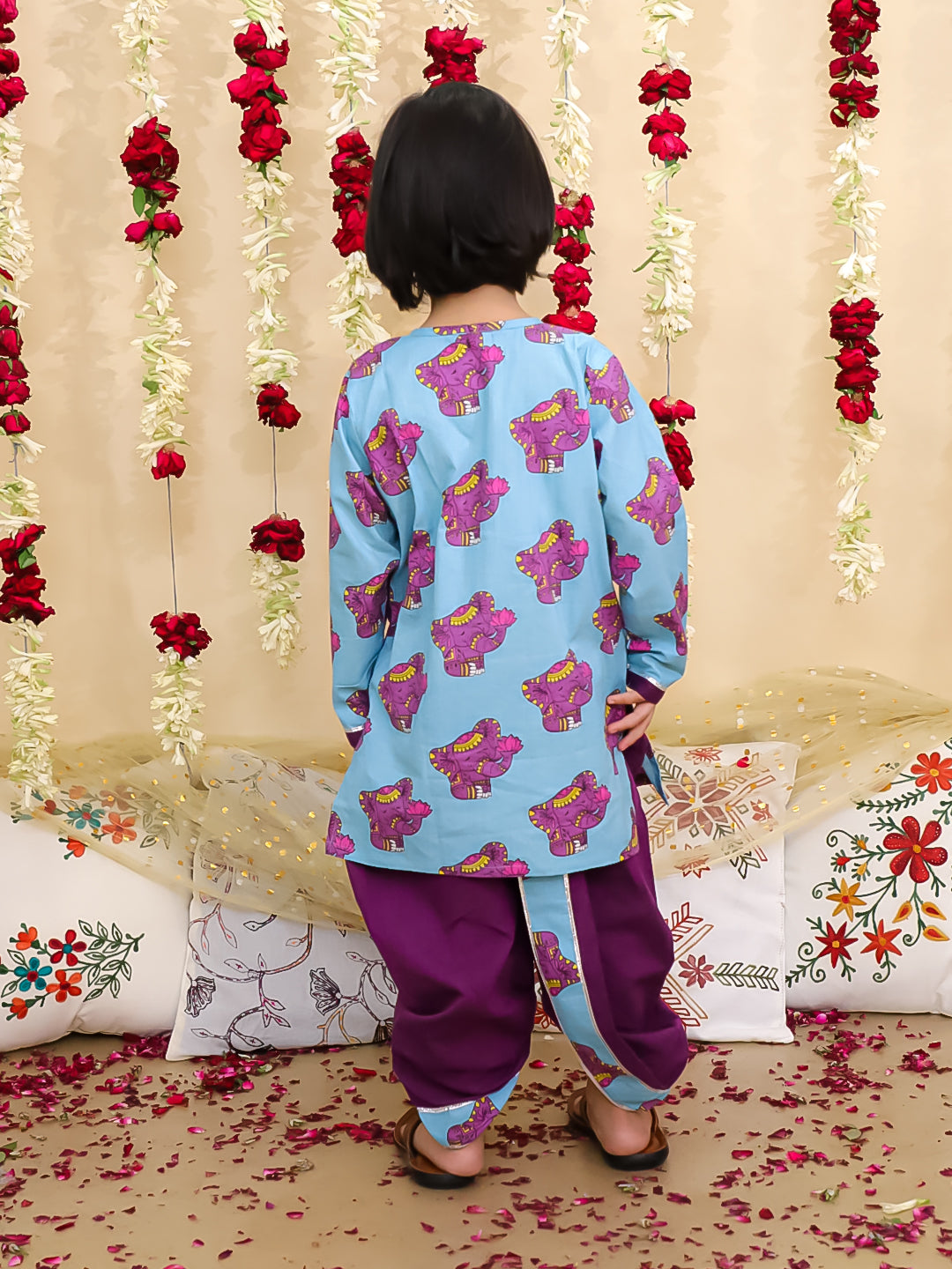 BownBee Pure Cotton Embroidered Elephant Print Dhoti Kurta for Boys | Traditional Festive Wear – Orange