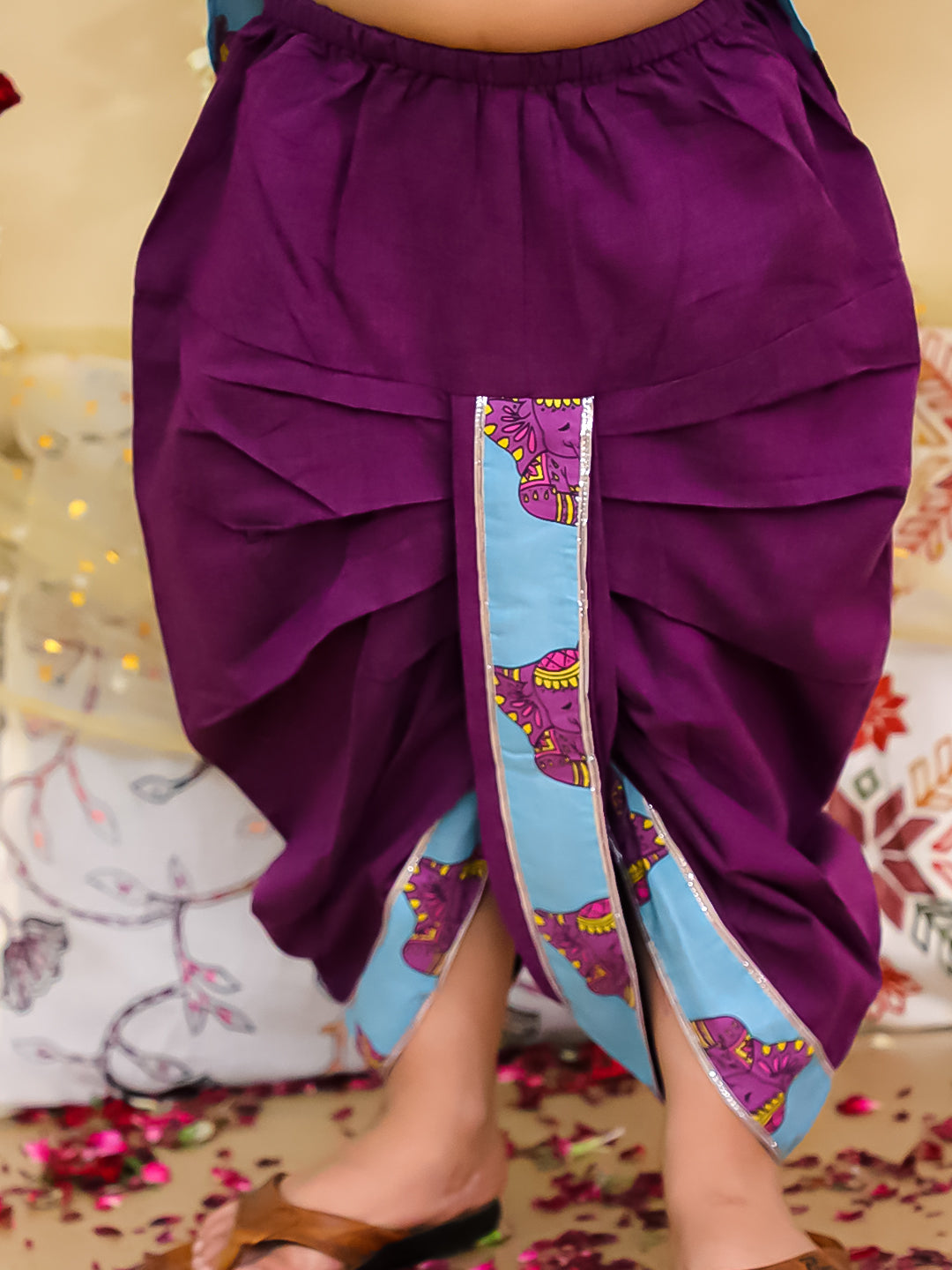 BownBee Elephant Embroidered Suit And Dhoti Kurta Sibling Set - Purple