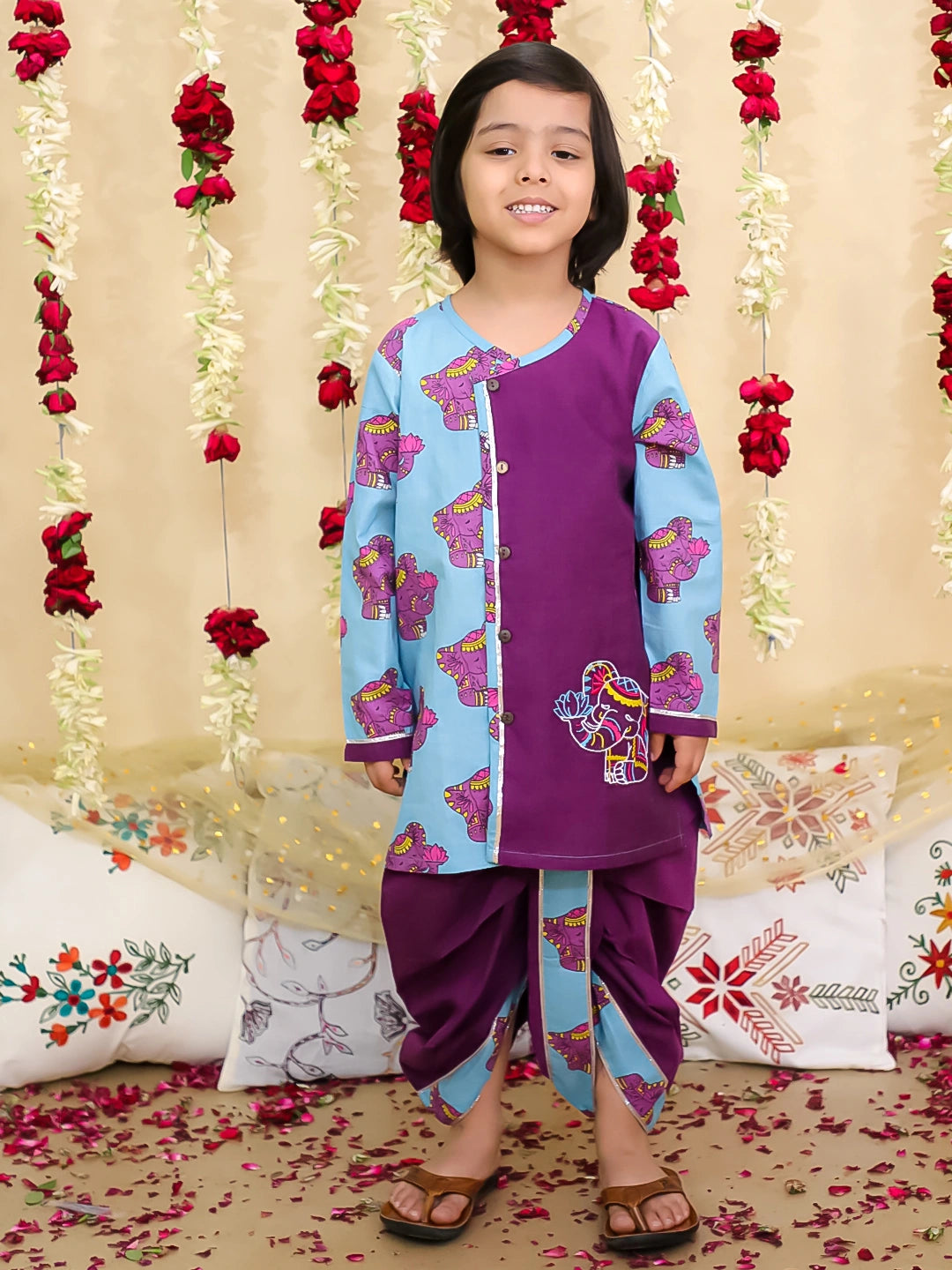 BownBee Pure Cotton Embroidered Elephant Print Dhoti Kurta for Boys Traditional Festive Wear