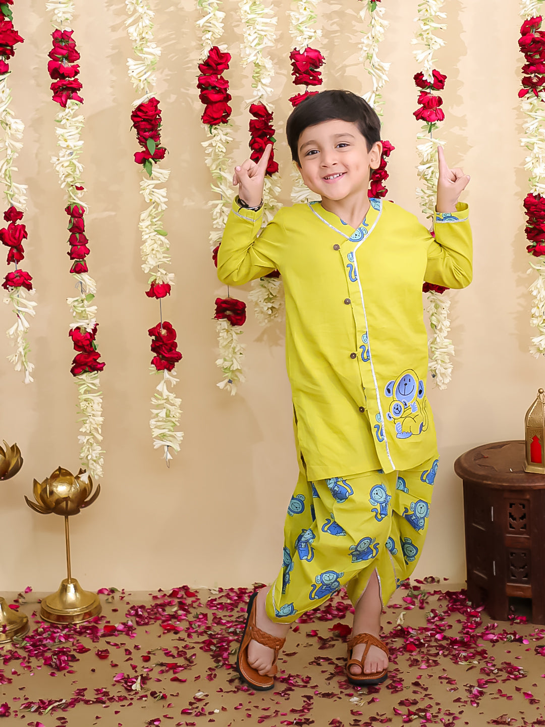 BownBee Monkey Embroidered Suit And Dhoti Kurta Sibling Set - Yellow