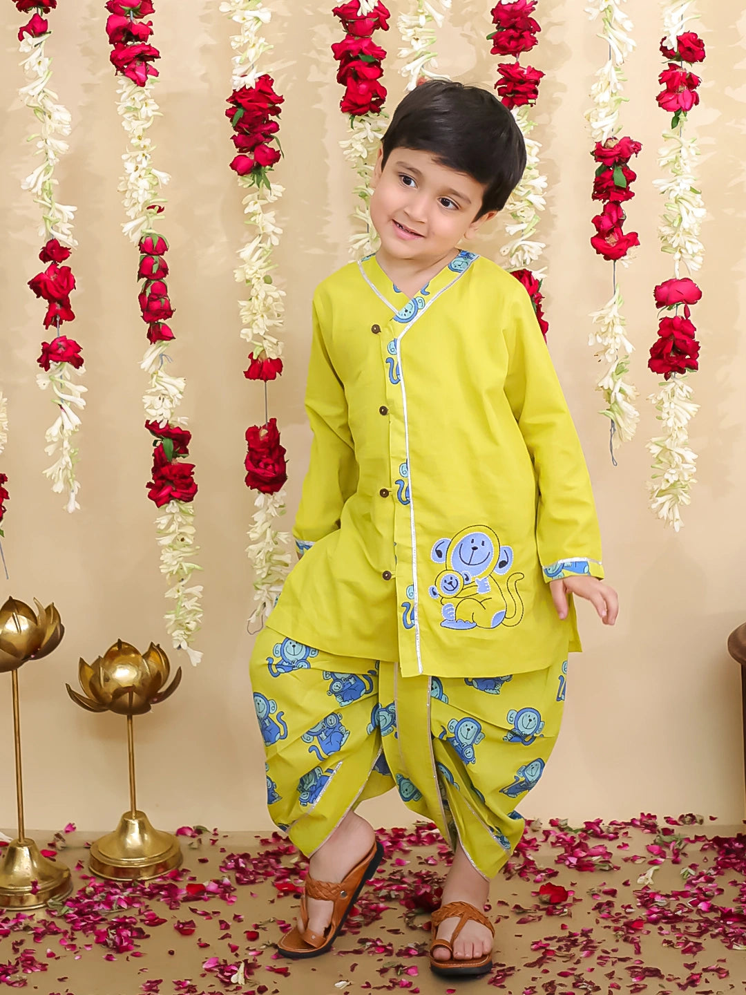 BownBee Pure Cotton Embroidered Dhoti Kurta  & Bandana Set Combo