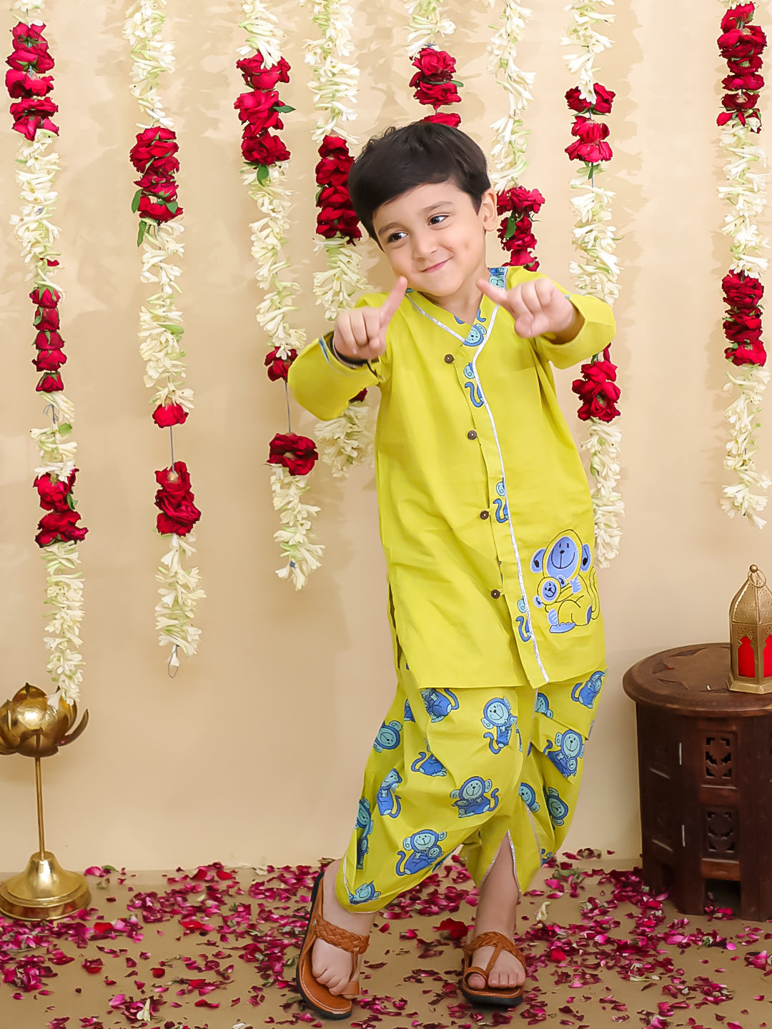 BownBee Monkey Embroidered Suit And Dhoti Kurta Sibling Set - Yellow