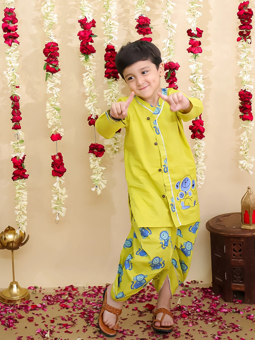 BownBee Pure Cotton Embroidered Dhoti Kurta  & Bandana Set Combo
