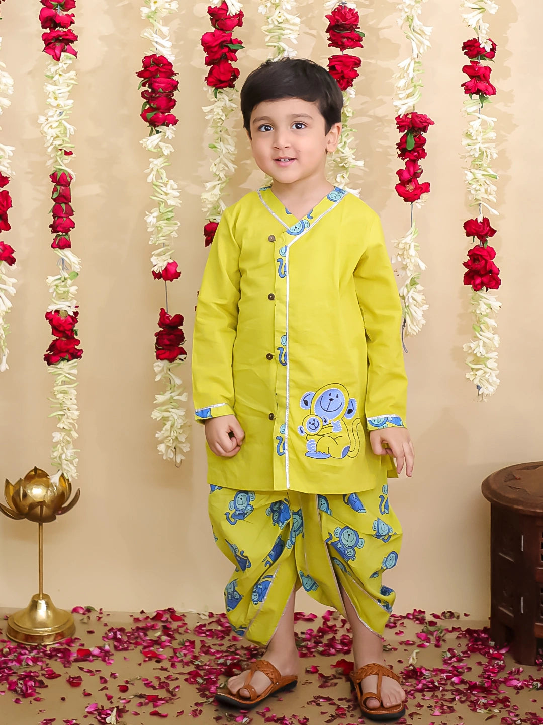 BownBee Pure Cotton Embroidered Dhoti Kurta  & Bandana Set Combo