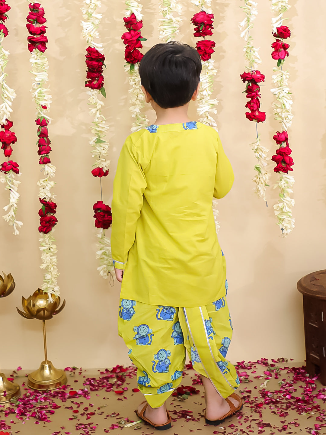 BownBee Monkey Embroidered Suit And Dhoti Kurta Sibling Set - Yellow