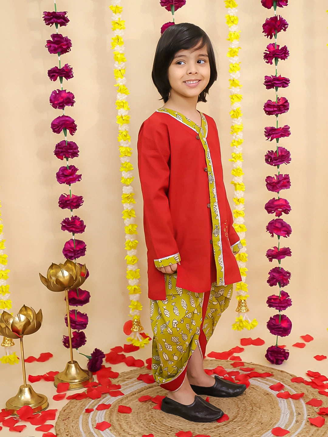 BownBee Pure Cotton Embroidered Full Sleeves Fish Printed Dhoti Kurta For Boys