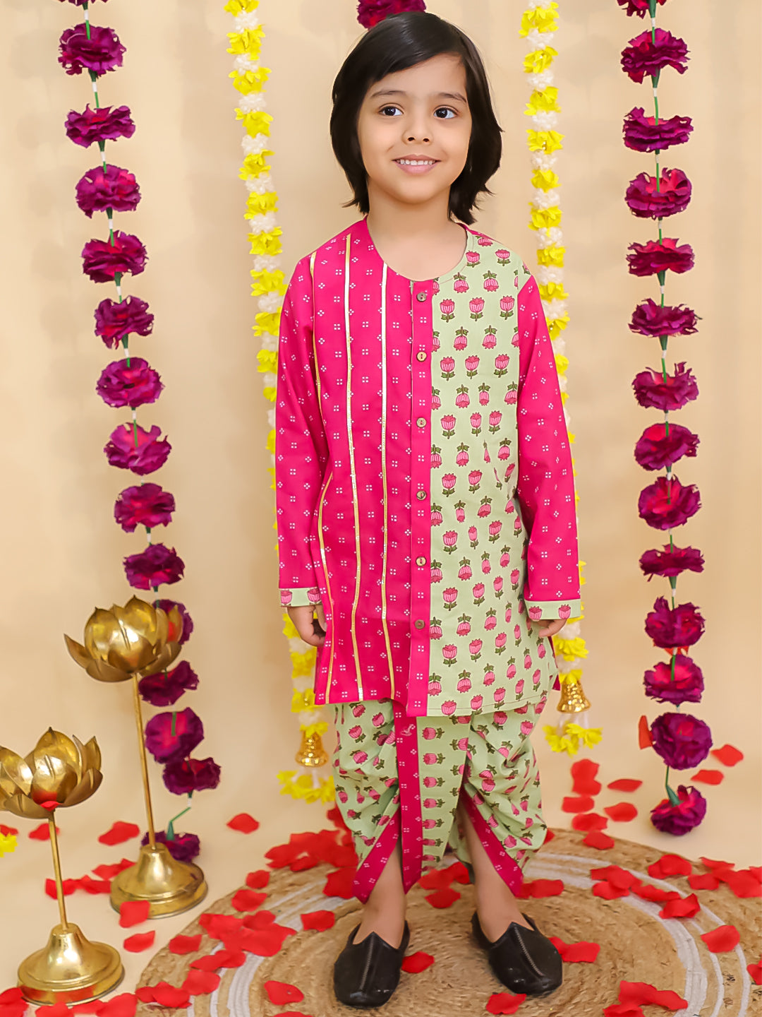 BownBee Pure Cotton Dhoti Kurta Set for Boys | Traditional Kids Ethnic Wear - Pink