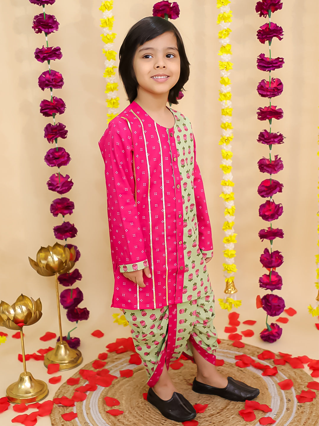 BownBee Pure Cotton Dhoti Kurta Set for Boys | Traditional Kids Ethnic Wear - Pink