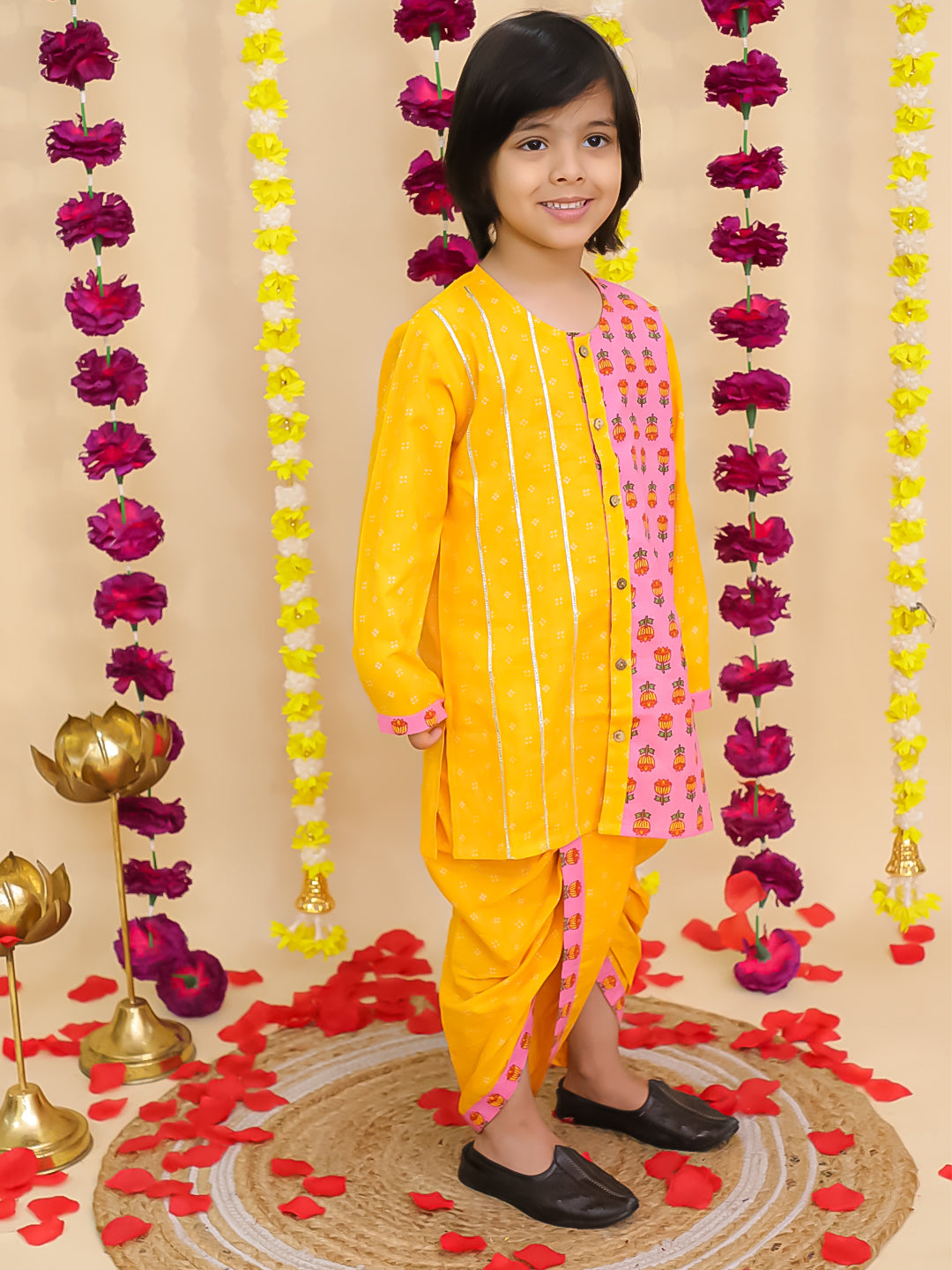BownBee Pure Cotton Dhoti Kurta Set for Boys | Traditional Kids Ethnic Wear - Pink