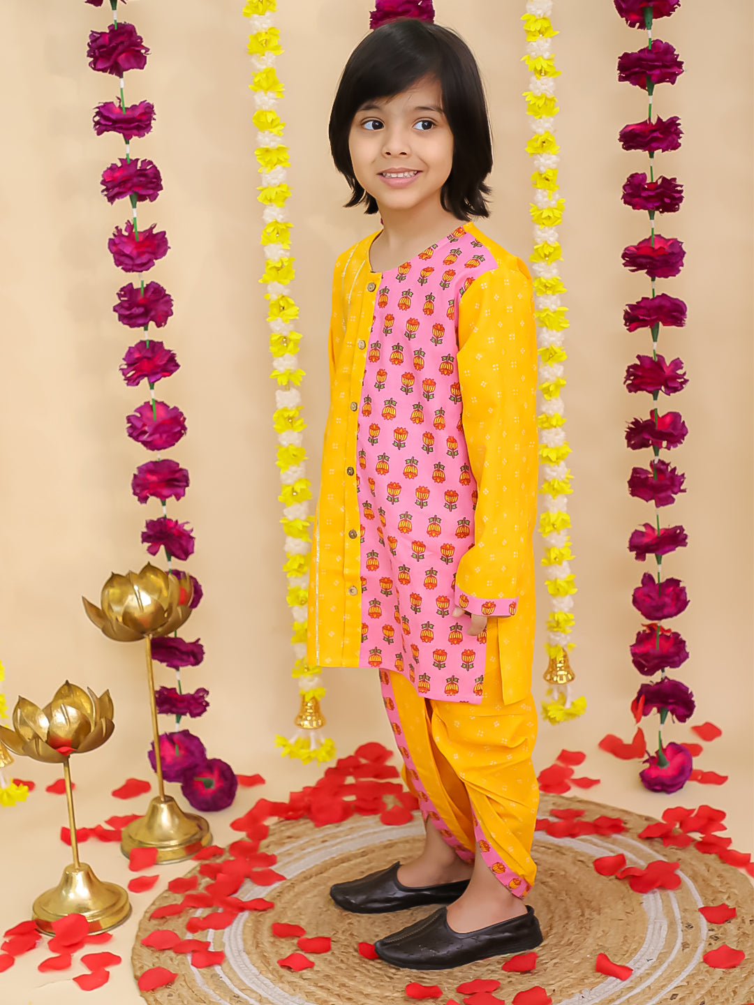 BownBee Pure Cotton Dhoti Kurta Set for Boys | Traditional Kids Ethnic Wear - Pink