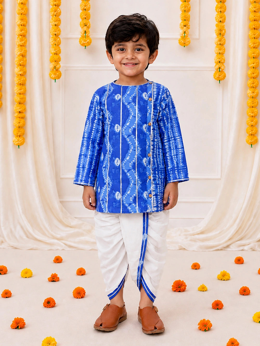 BownBee Ethnic Pure Cotton Tie & Dye  Dhoti Kurta Set For Boys - Blue