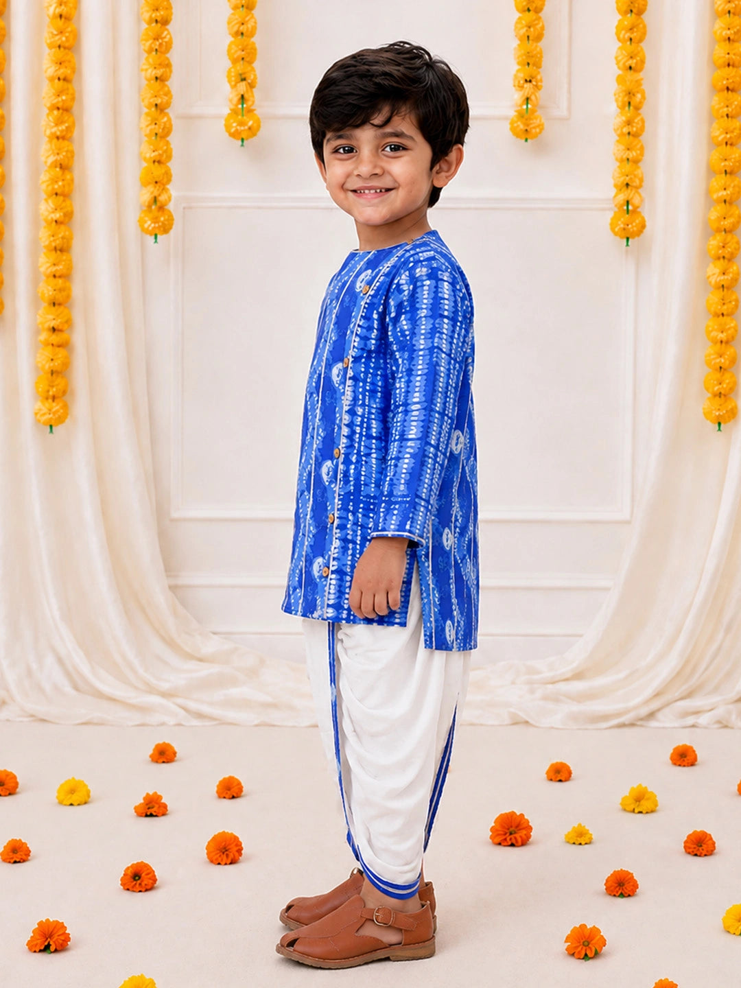 BownBee Ethnic Pure Cotton Tie & Dye  Dhoti Kurta Set For Boys - Blue