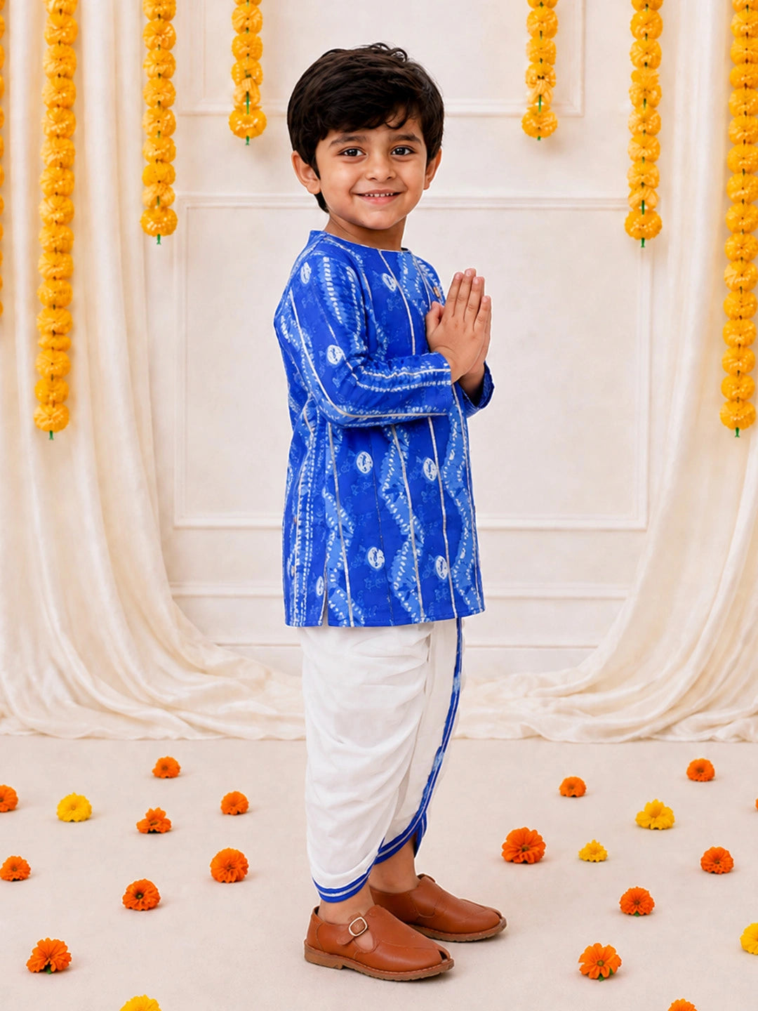 BownBee Ethnic Pure Cotton Tie & Dye  Dhoti Kurta Set For Boys - Blue