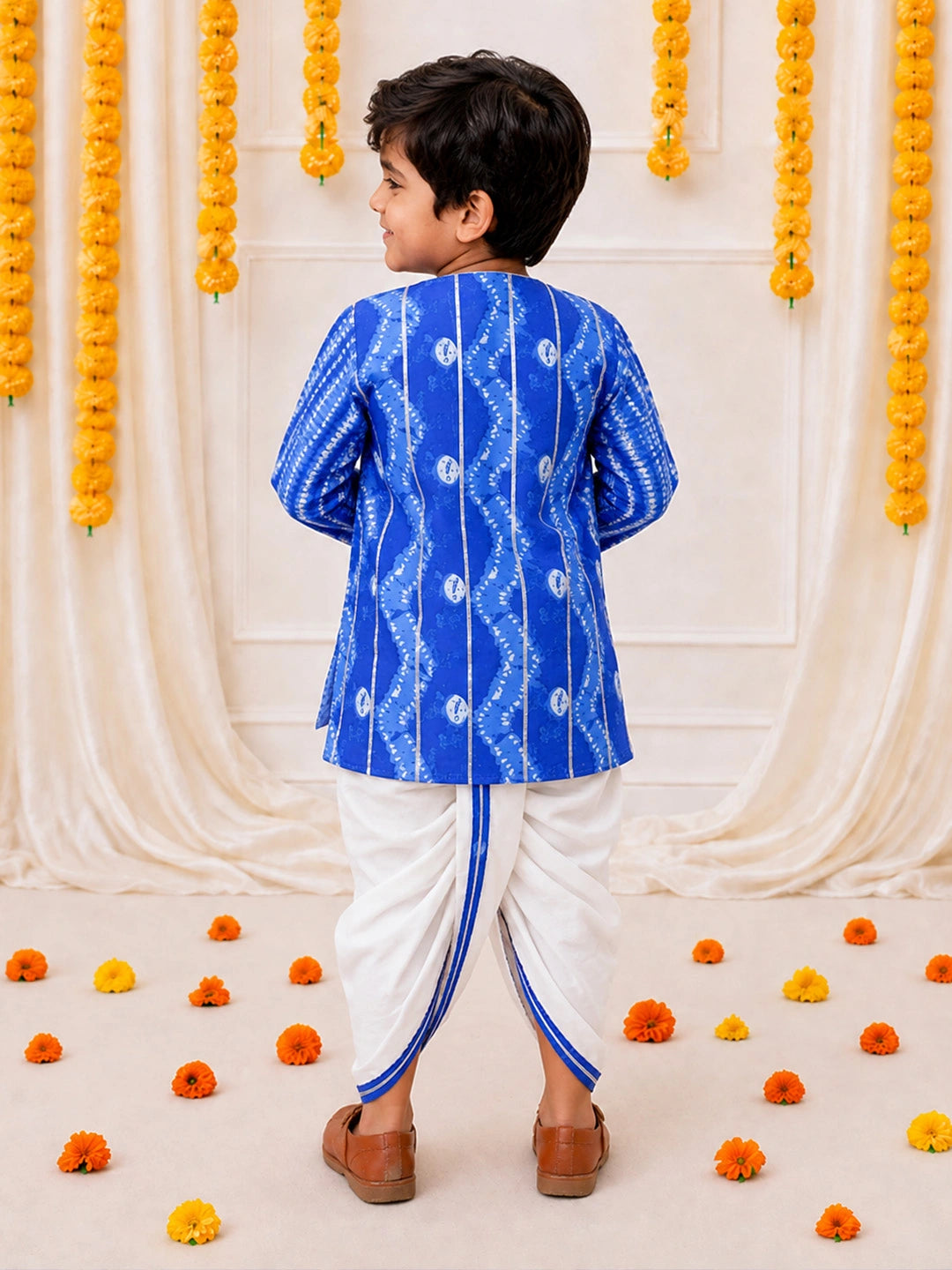BownBee Ethnic Pure Cotton Tie & Dye  Dhoti Kurta Set For Boys - Blue