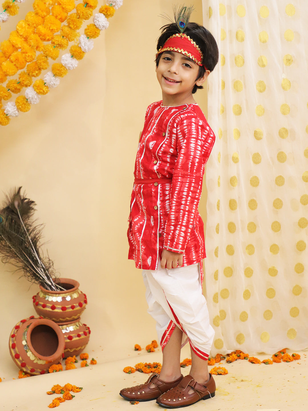 BownBee Ethnic Pure Cotton Tie & Dye  Dhoti Kurta Set For Boys - Red