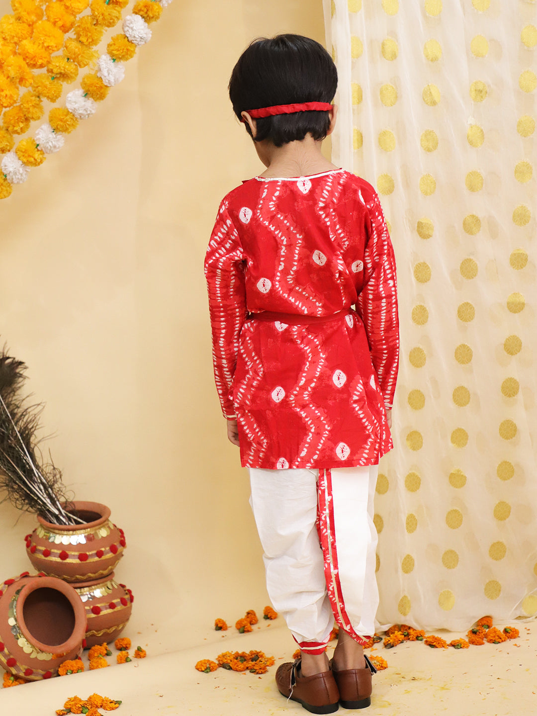 BownBee Ethnic Pure Cotton Tie & Dye  Dhoti Kurta Set For Boys - Red
