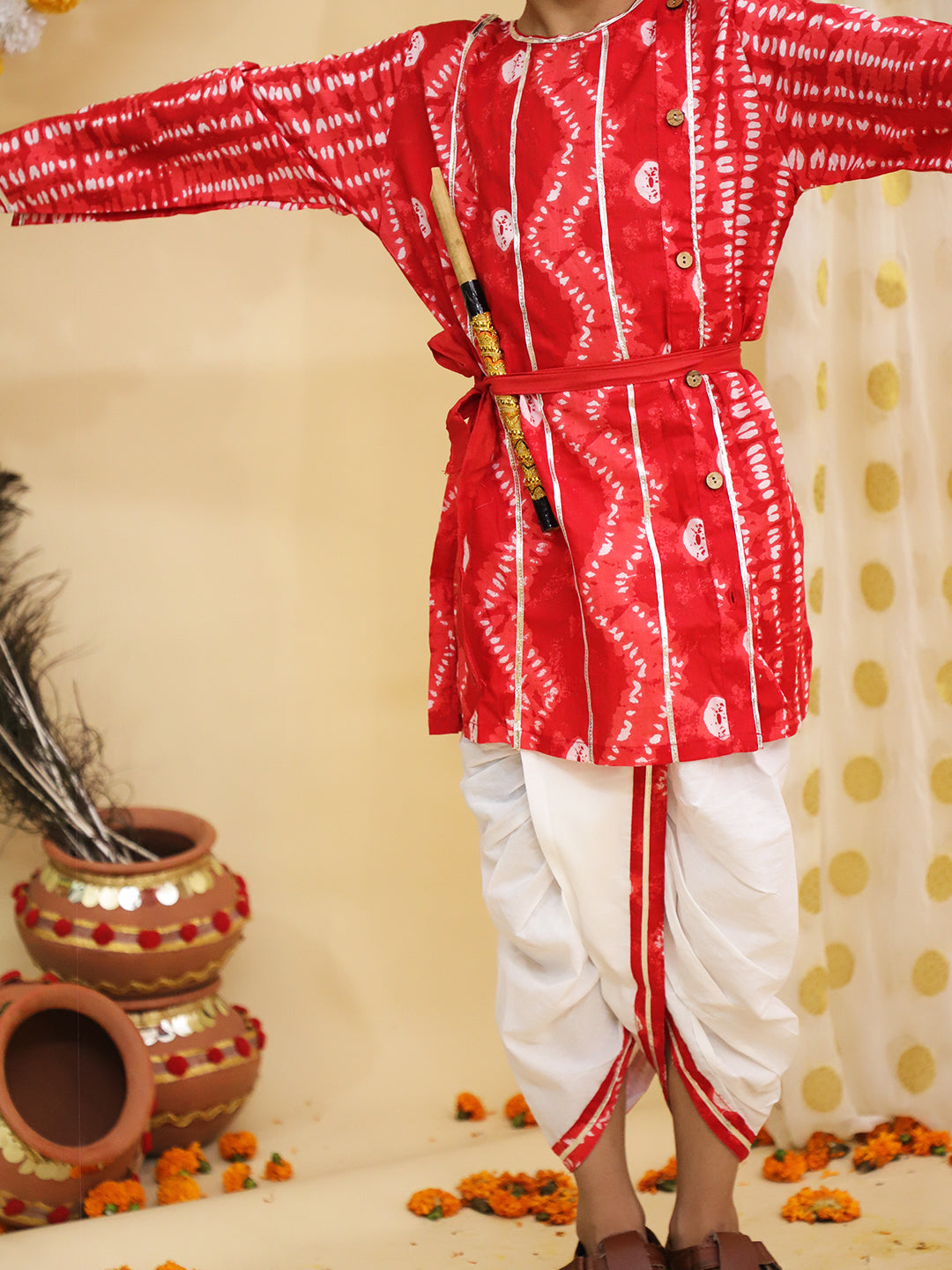 BownBee Ethnic Pure Cotton Tie & Dye  Dhoti Kurta Set For Boys - Red