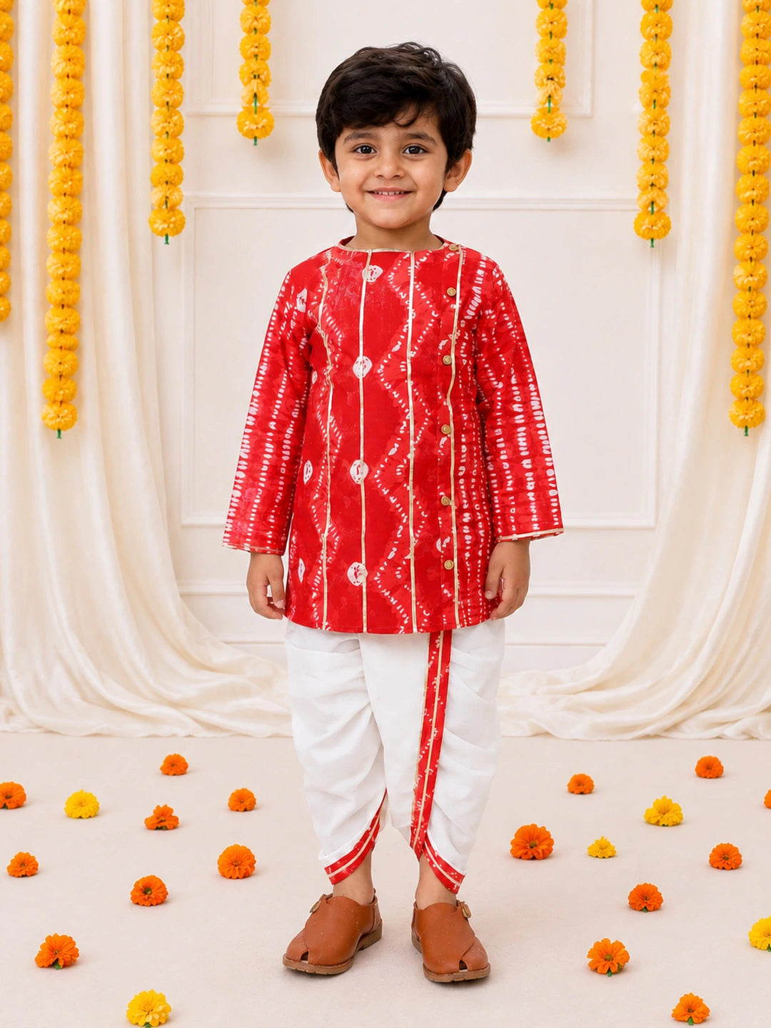 BownBee Ethnic Pure Cotton Tie & Dye  Dhoti Kurta Set For Boys - Red