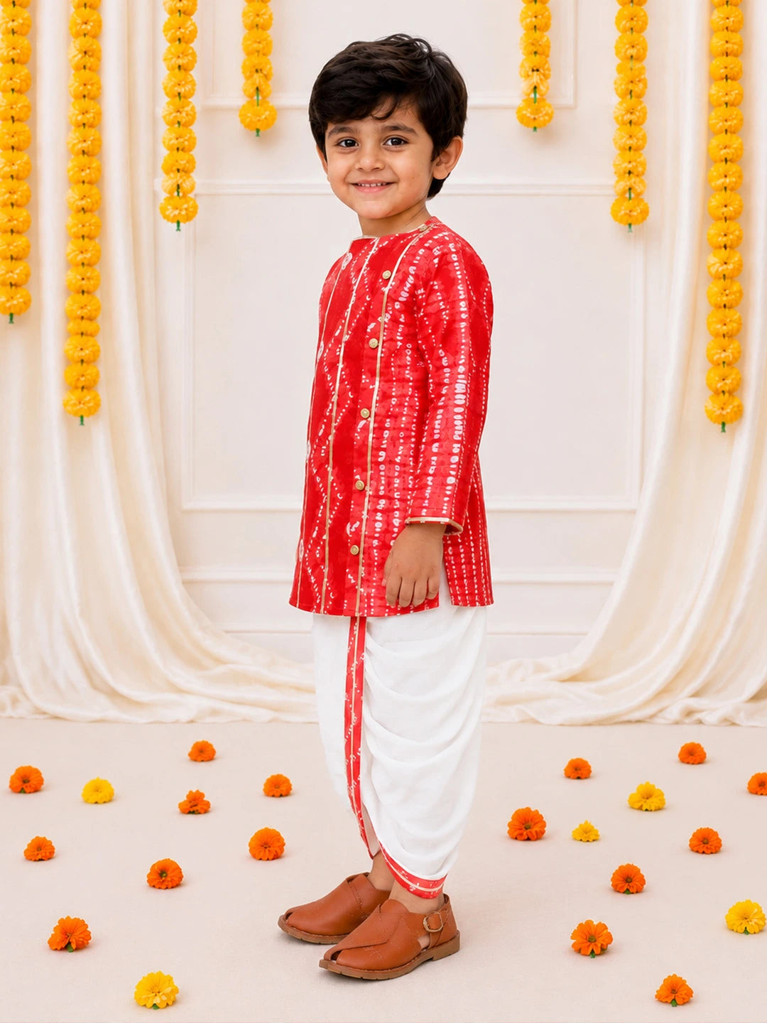 BownBee Ethnic Pure Cotton Tie & Dye  Dhoti Kurta Set For Boys - Red