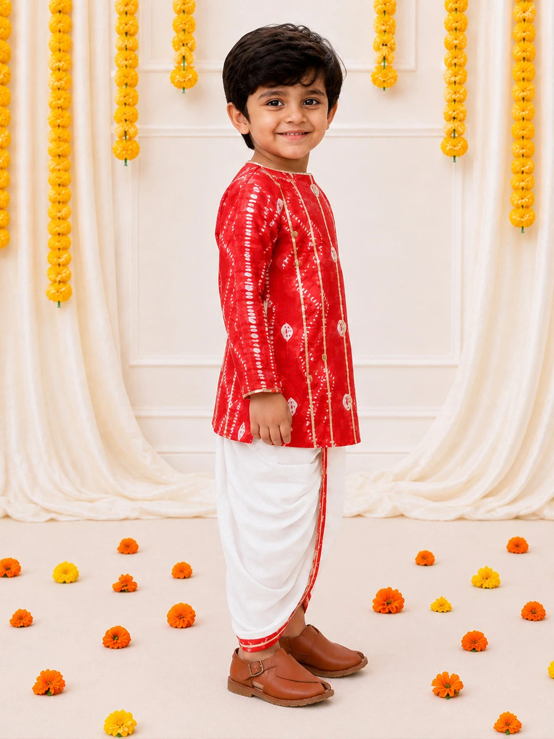 BownBee Ethnic Pure Cotton Tie & Dye  Dhoti Kurta Set For Boys - Red