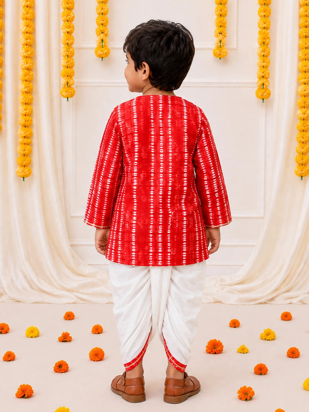 BownBee Ethnic Pure Cotton Tie & Dye  Dhoti Kurta Set For Boys - Red