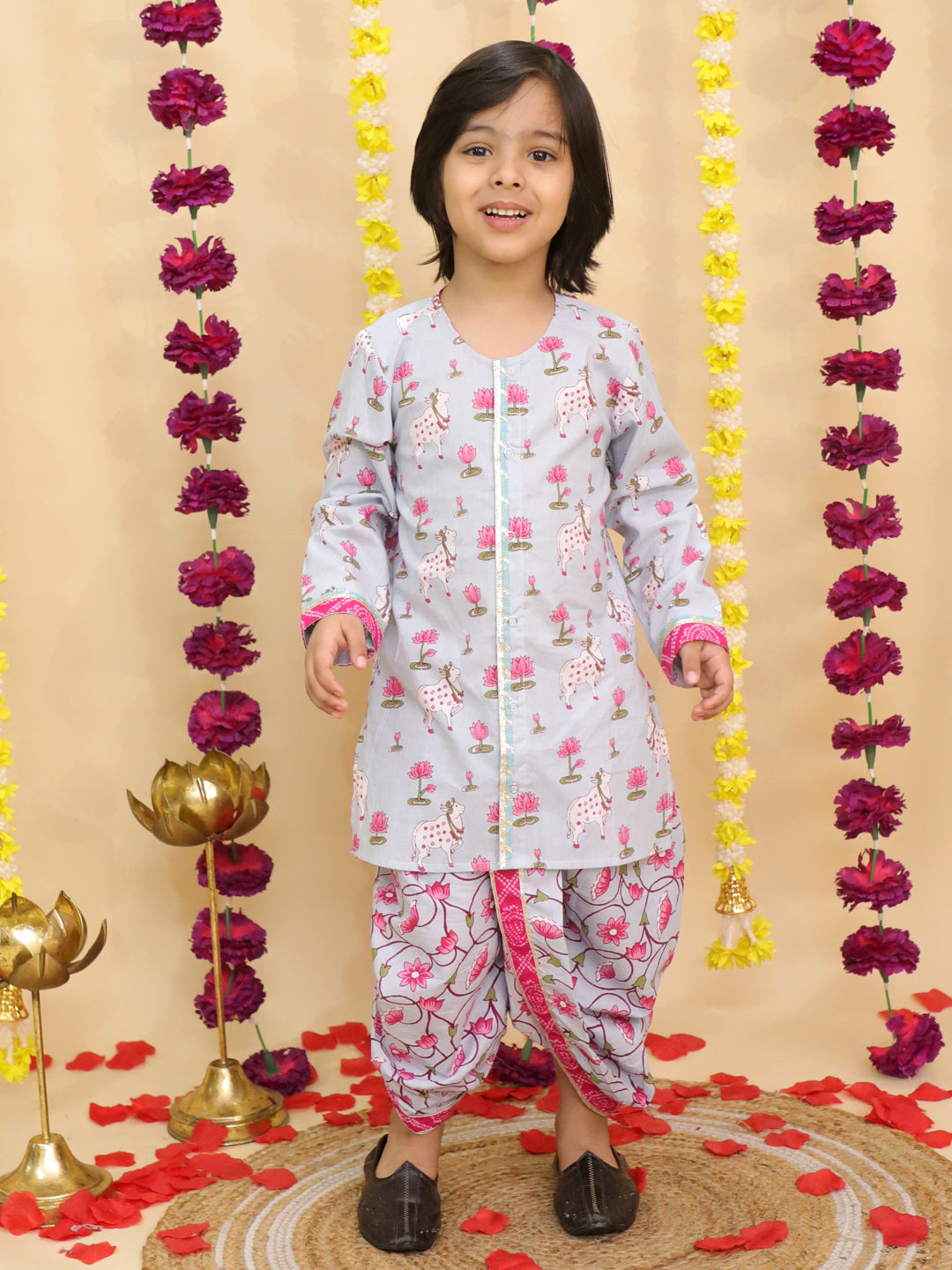 BownBee Pure Cotton Pichwai Printed Lehenga Choli & Dhoti Kurta Sibling Set - Sky Blue