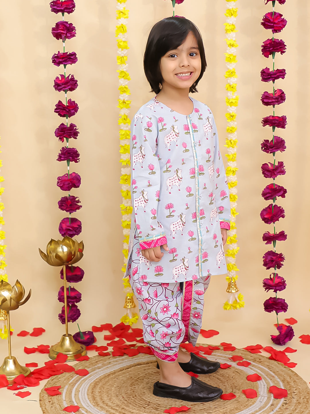 BownBee Pure Cotton Pichwai Printed Lehenga Choli & Dhoti Kurta Sibling Set - Sky Blue