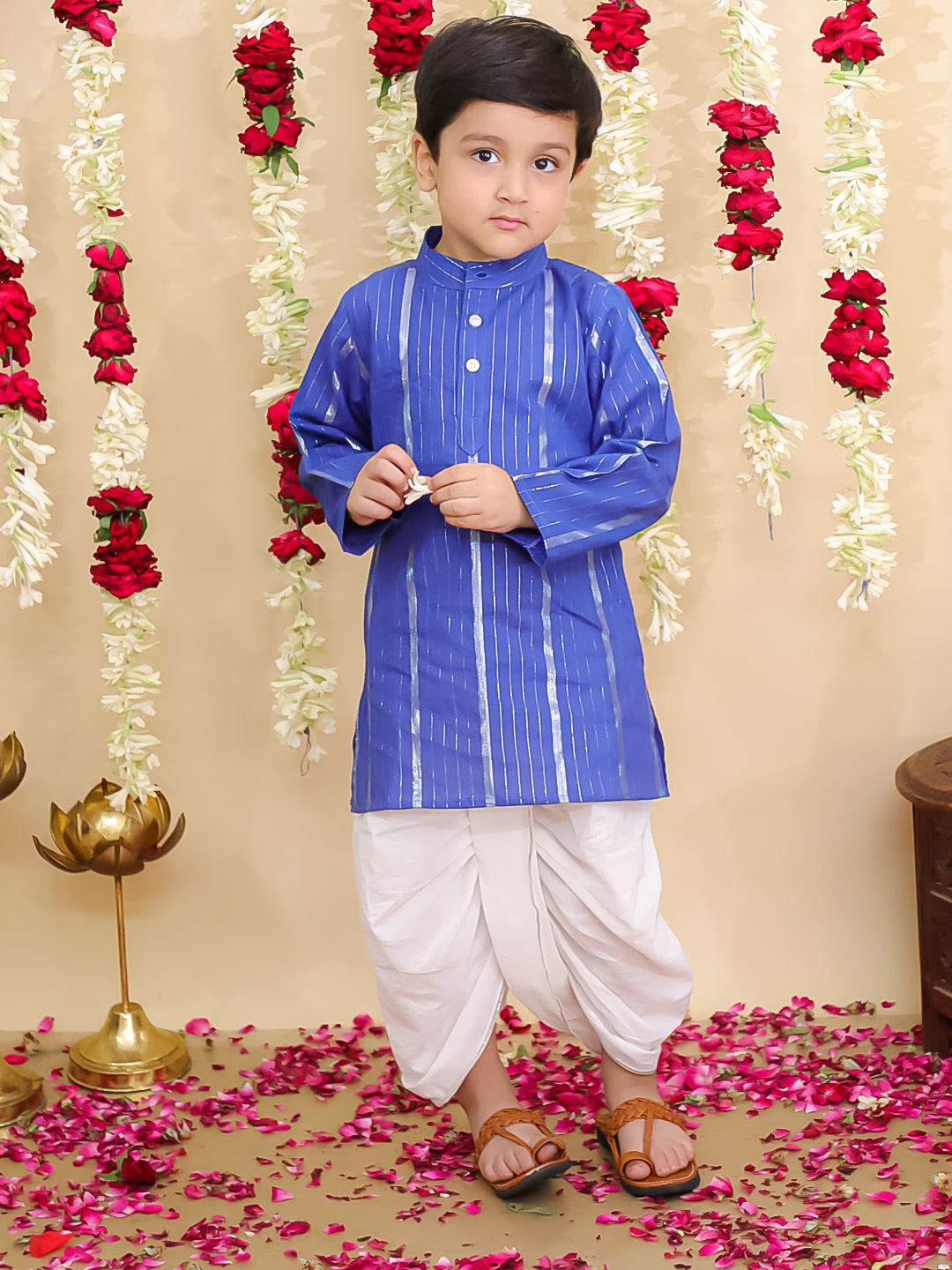 BownBee Pure Cotton Lurex Kurta with Dhoti Set for Boys | Traditional Festive Wear – Blue