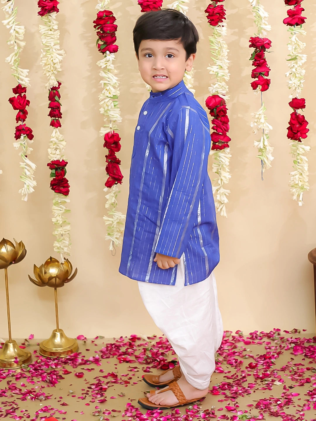 BownBee Pure Cotton Lurex Suit & Dhoti Kurta Sibling Set | Rakhi & Festive Outfit for Brothers and Sisters – Blue