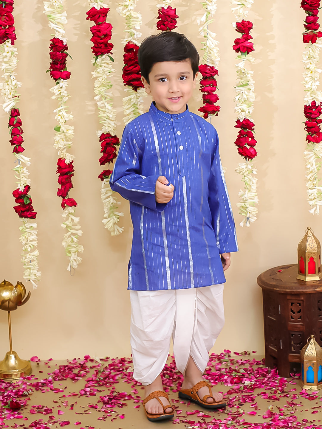 BownBee Pure Cotton Lurex Kurta with Dhoti Set for Boys | Traditional Festive Wear – Blue