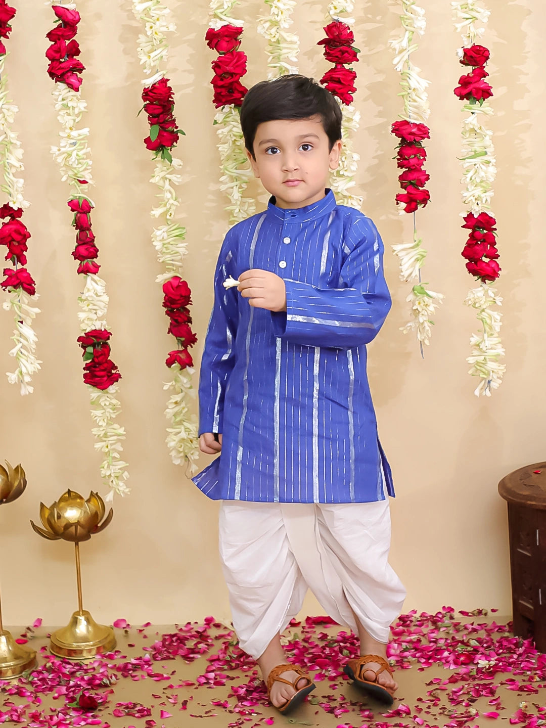 BownBee Pure Cotton Lurex Kurta with Dhoti Set for Boys | Traditional Festive Wear – White