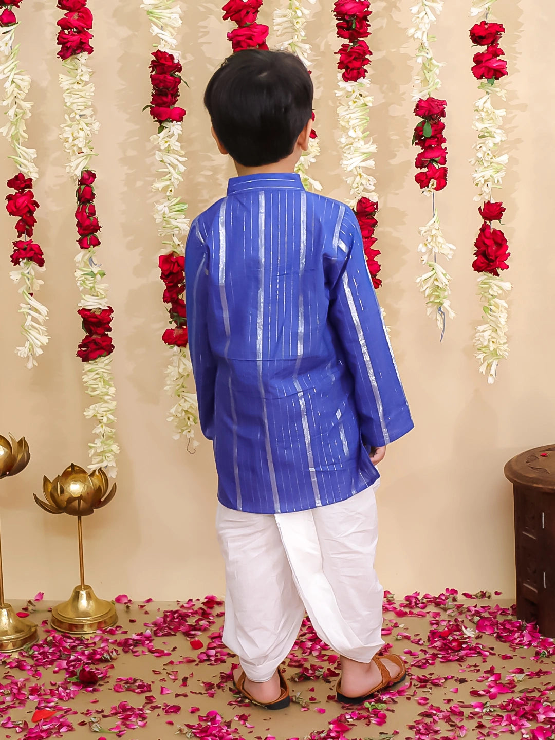 BownBee Pure Cotton Lurex Suit & Dhoti Kurta Sibling Set | Rakhi & Festive Outfit for Brothers and Sisters – Blue