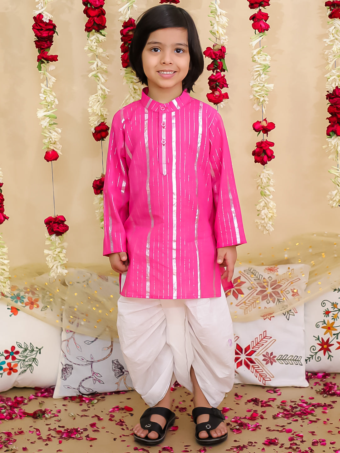 BownBee Pure Cotton Lurex Kurta with Dhoti Set for Boys | Traditional Festive Wear – White