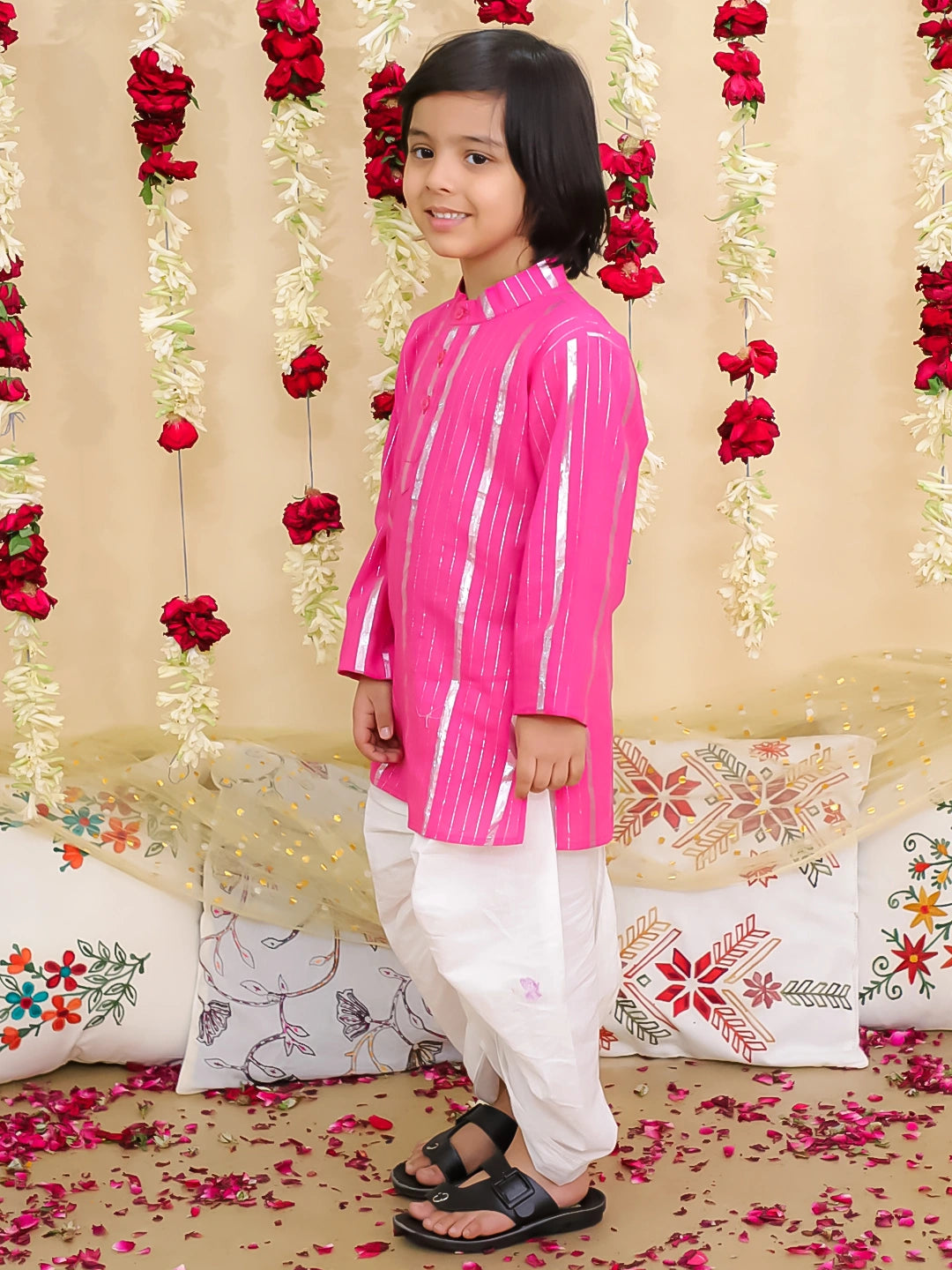 BownBee Pure Cotton Lurex Kurta with Dhoti Set for Boys | Traditional Festive Wear – White