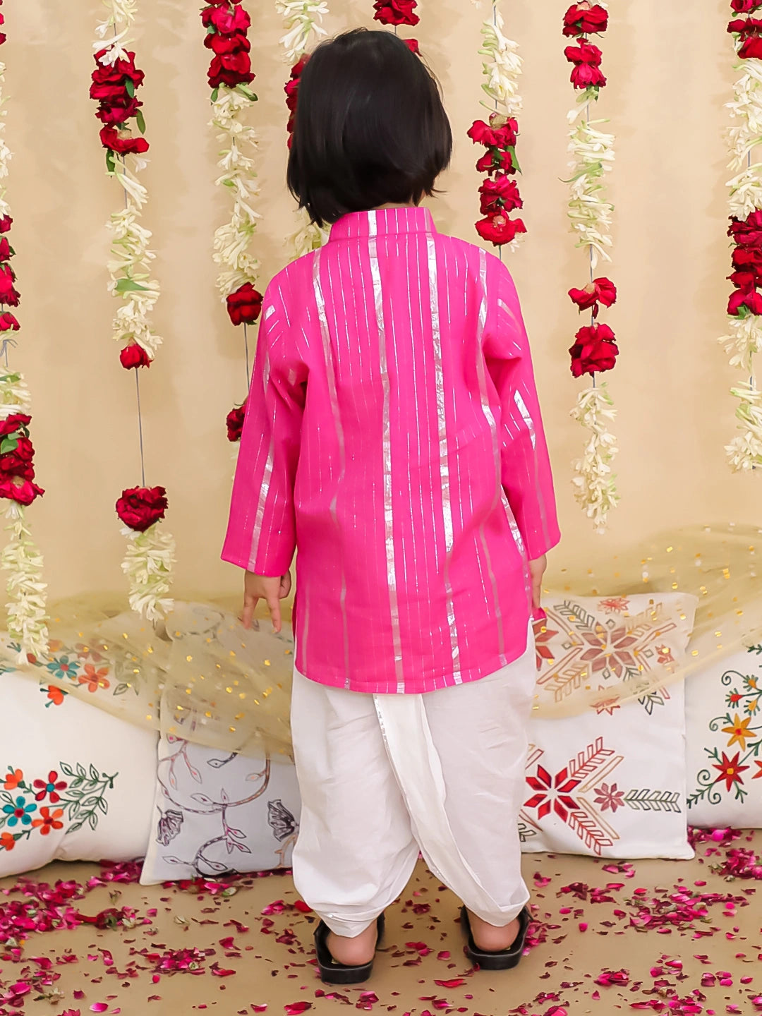 BownBee Pure Cotton Lurex Kurta with Dhoti Set for Boys | Traditional Festive Wear – Pink