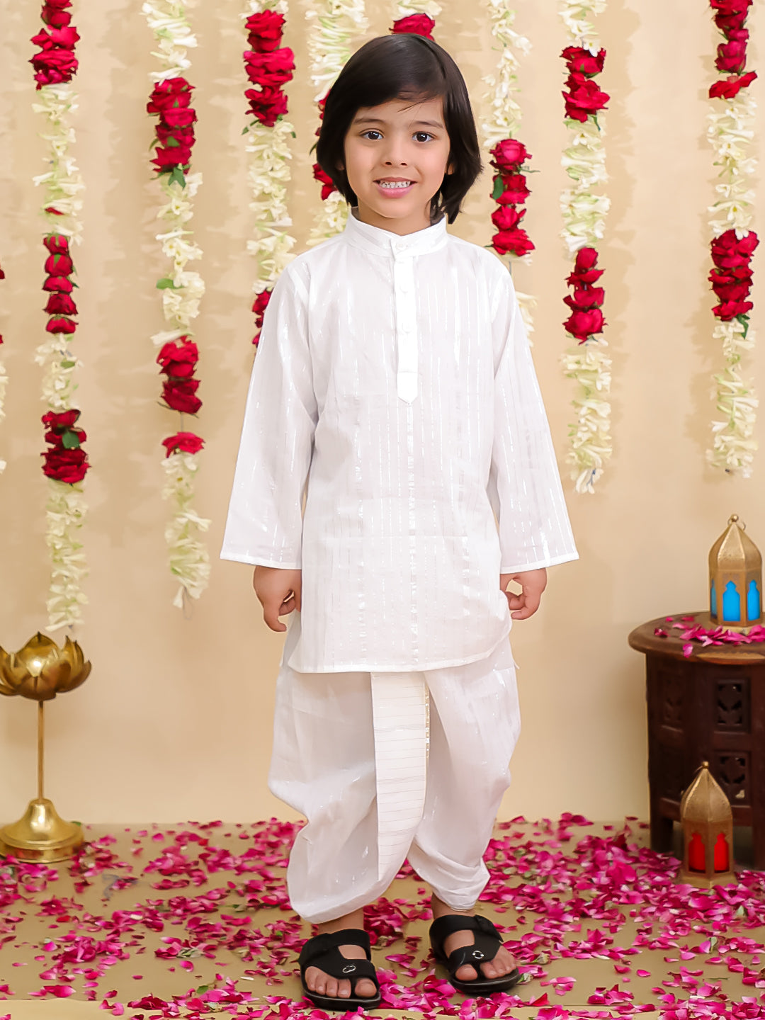 BownBee Pure Cotton Lurex Suit & Dhoti Kurta Sibling Set | Ethnic Wear for Brothers and Sisters - White