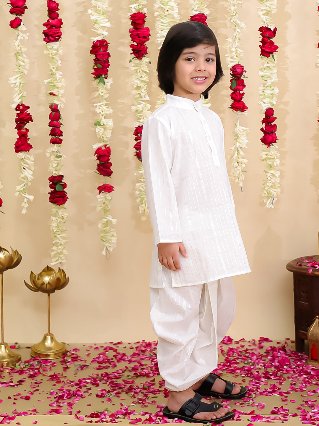 BownBee Pure Cotton Lurex Suit & Dhoti Kurta Sibling Set | Ethnic Wear for Brothers and Sisters - White