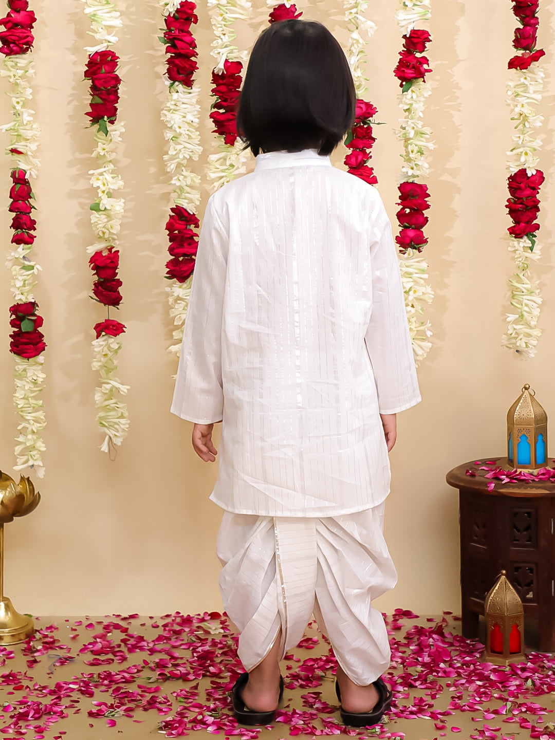 BownBee Pure Cotton Lurex Suit & Dhoti Kurta Sibling Set | Ethnic Wear for Brothers and Sisters - White