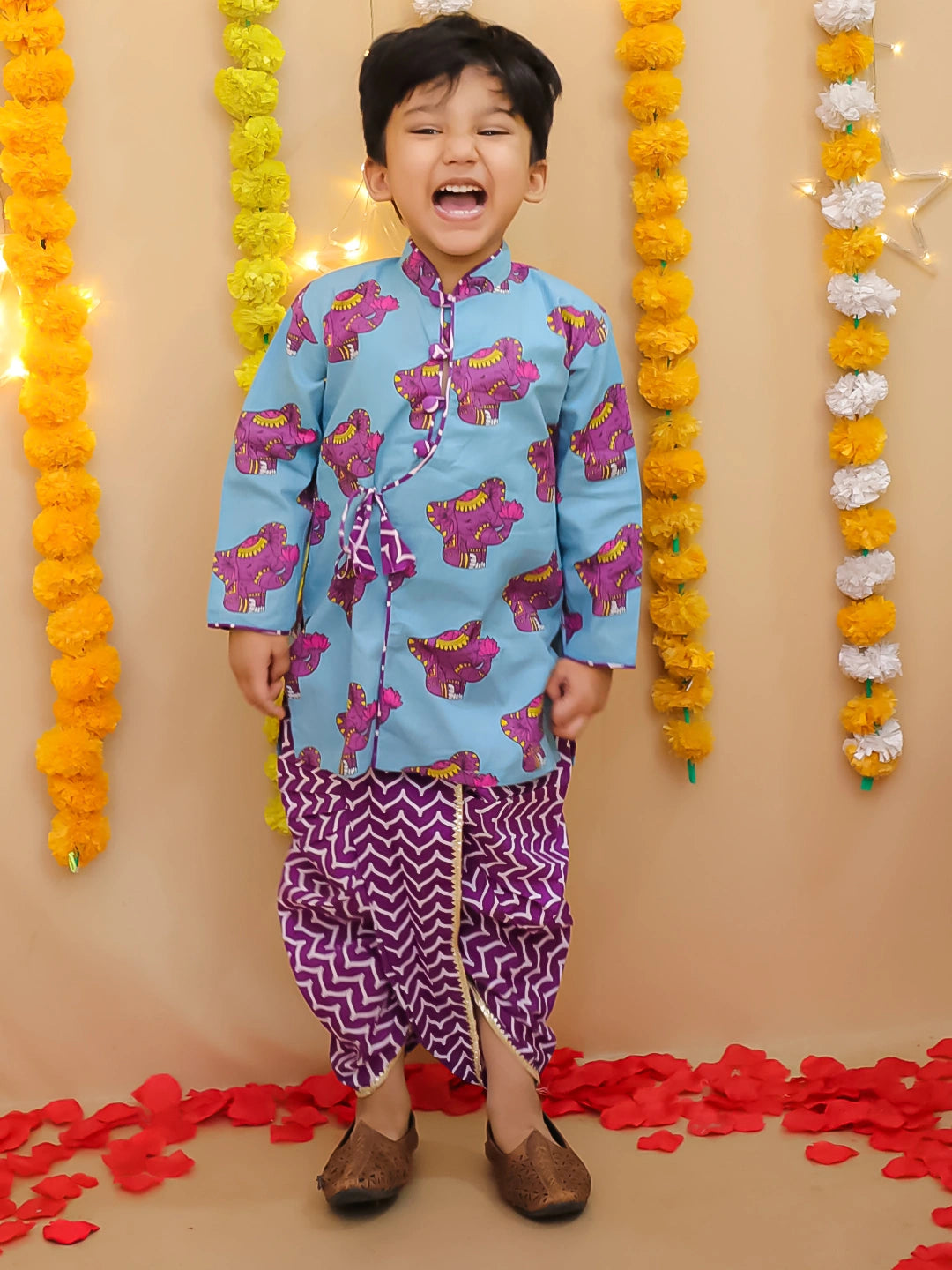 BownBee Pure Cotton  Elephant Printed Dhoti Kurta For Infant Boys