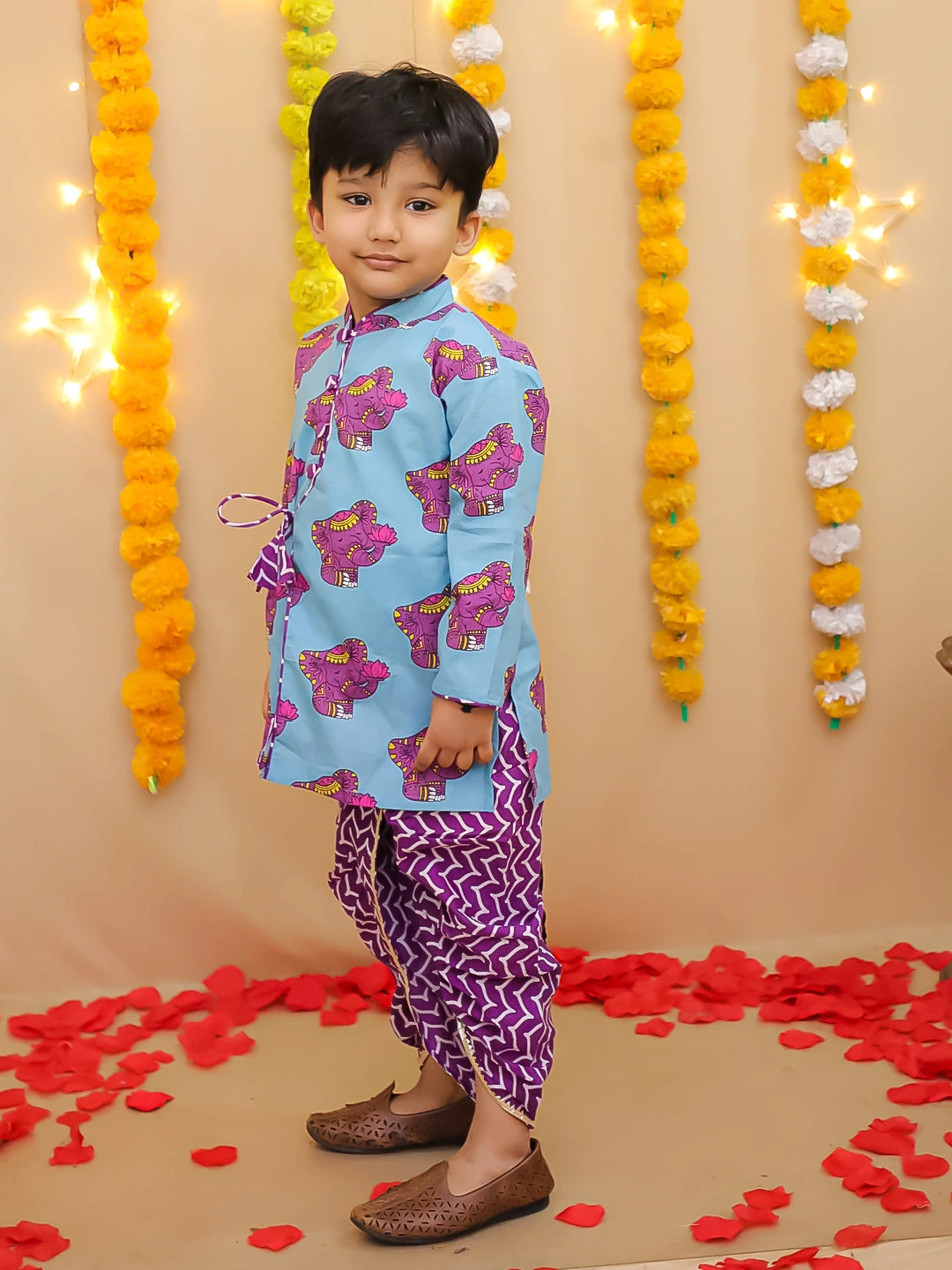 BownBee Festive Quirky Printed  Kanhaiya Dhoti Kurta With Lehenga Choli Sibling Set