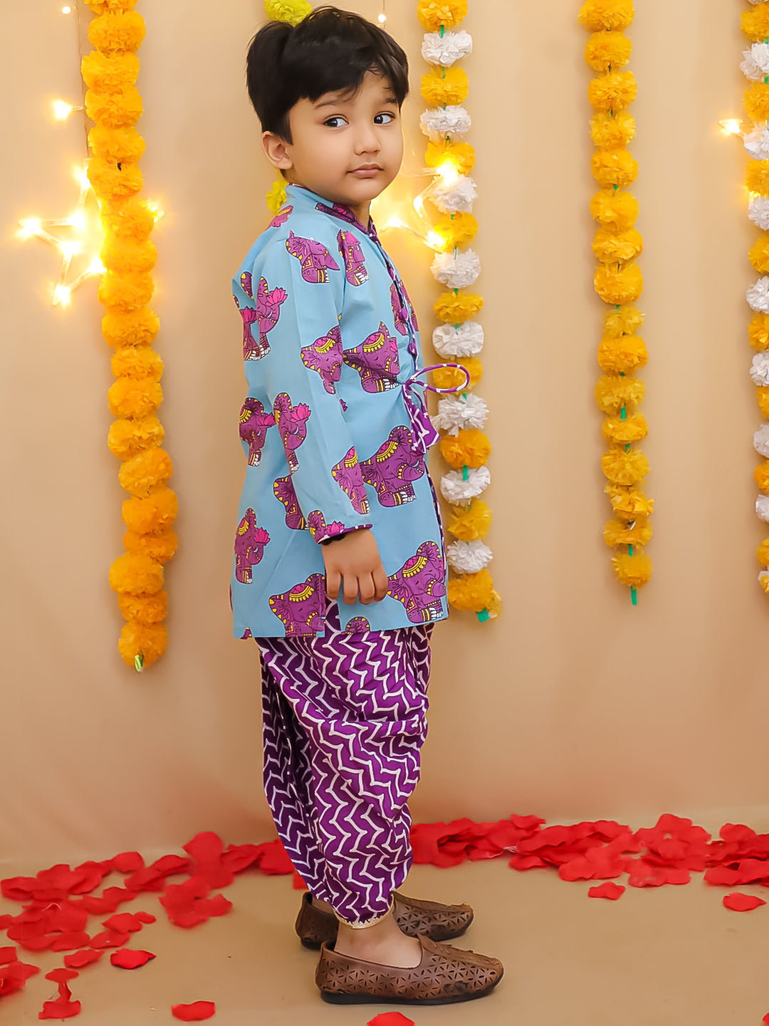 BownBee Pure Cotton  Elephant Printed Dhoti Kurta For Infant Boys -Yellow