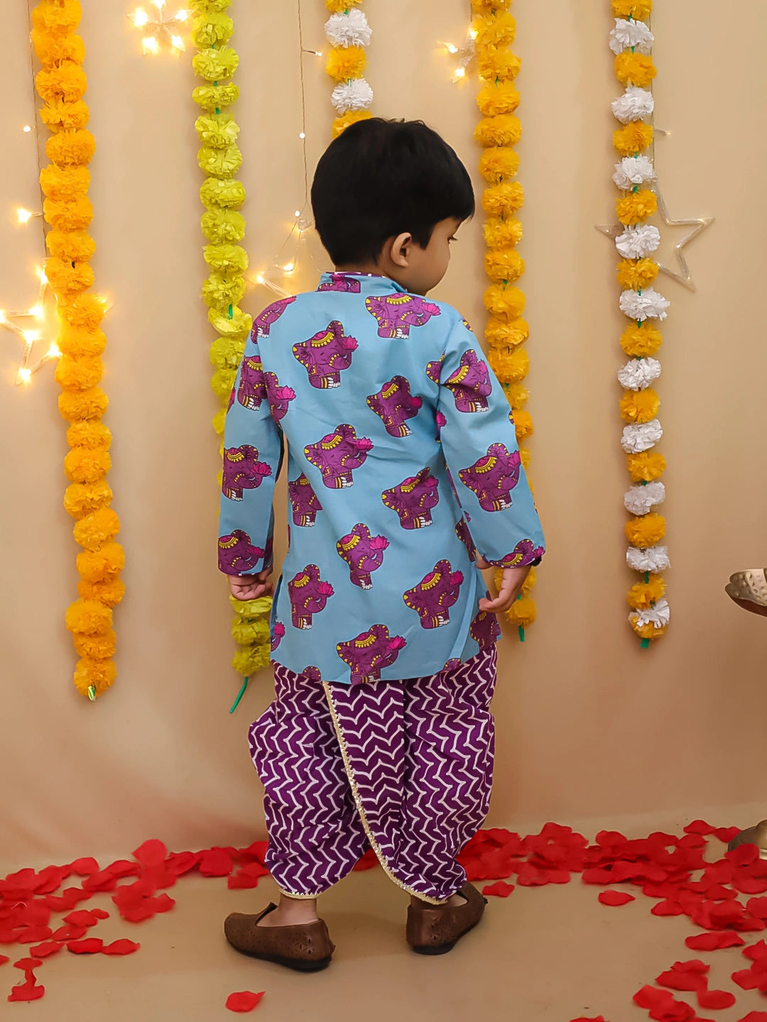 BownBee Festive Quirky Printed  Kanhaiya Dhoti Kurta With Lehenga Choli Sibling Set