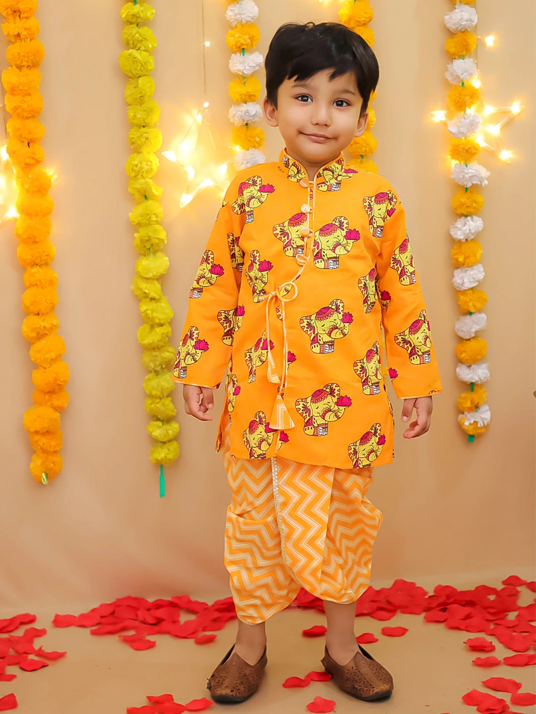 BownBee Festive Quirky Printed  Kanhaiya Dhoti Kurta With Lehenga Choli Sibling Set