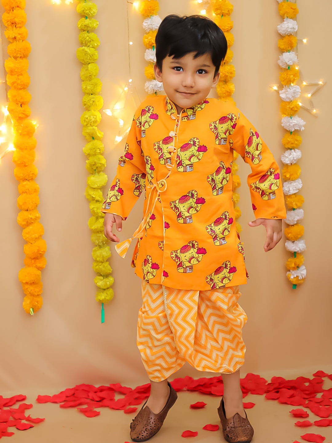 BownBee Pure Cotton  Elephant Printed Dhoti Kurta For Infant Boys -Yellow