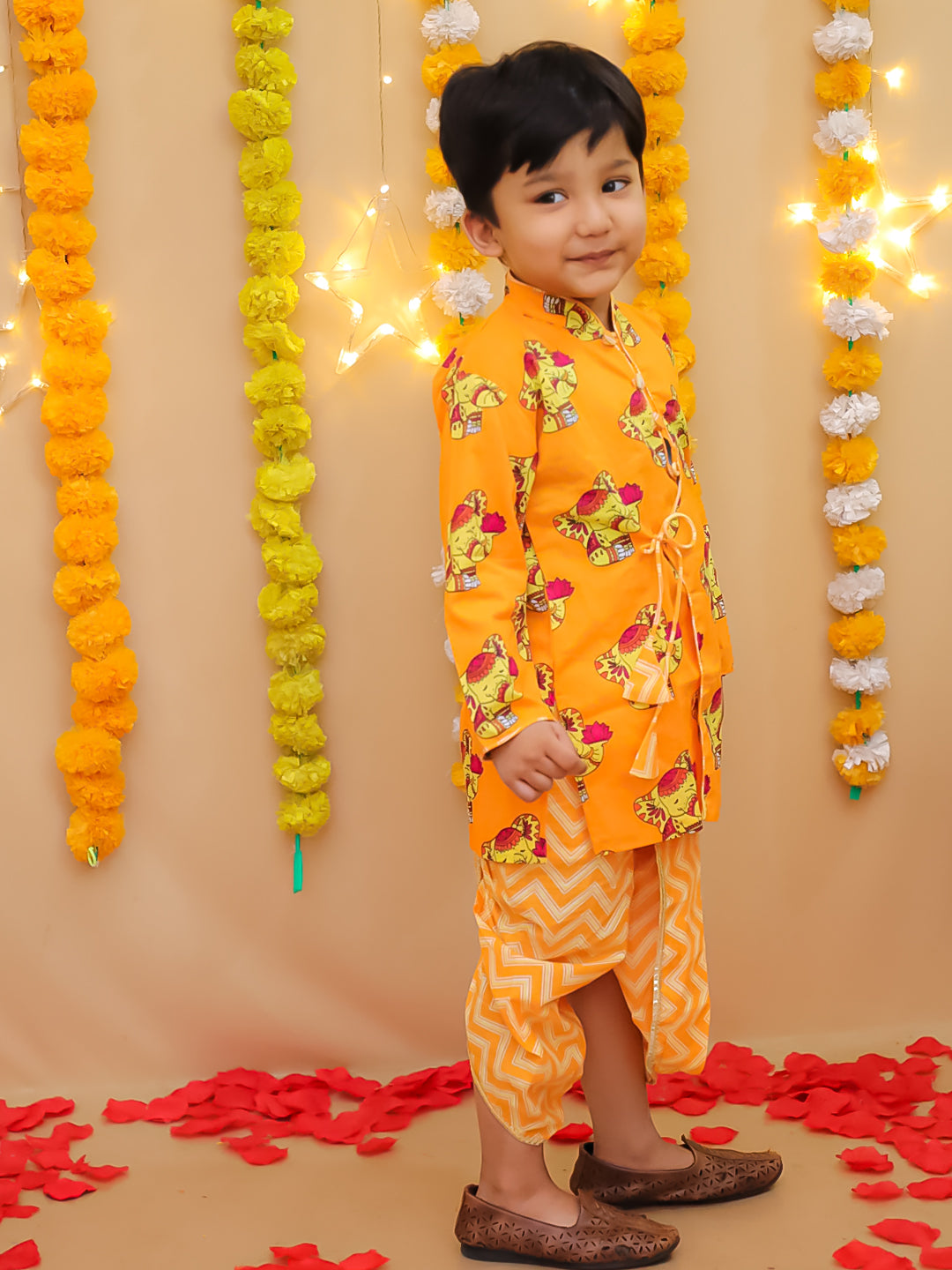 BownBee Pure Cotton  Elephant Printed Dhoti Kurta For Infant Boys -Yellow