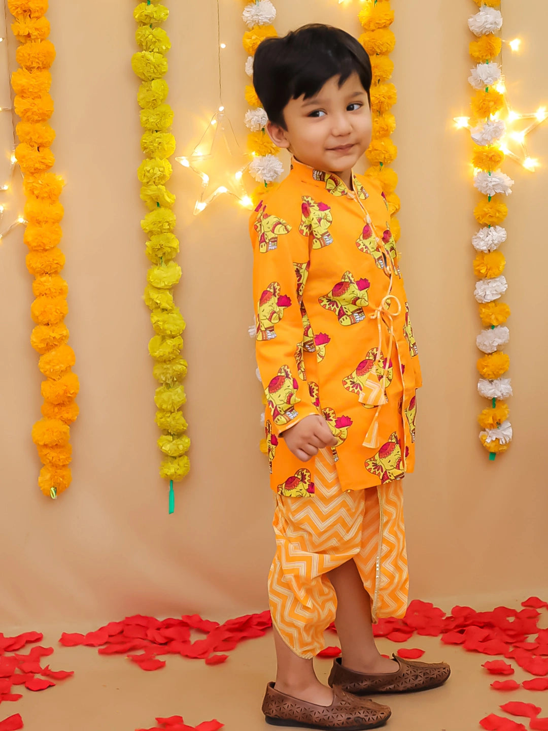 BownBee Festive Quirky Printed  Kanhaiya Dhoti Kurta With Lehenga Choli Sibling Set