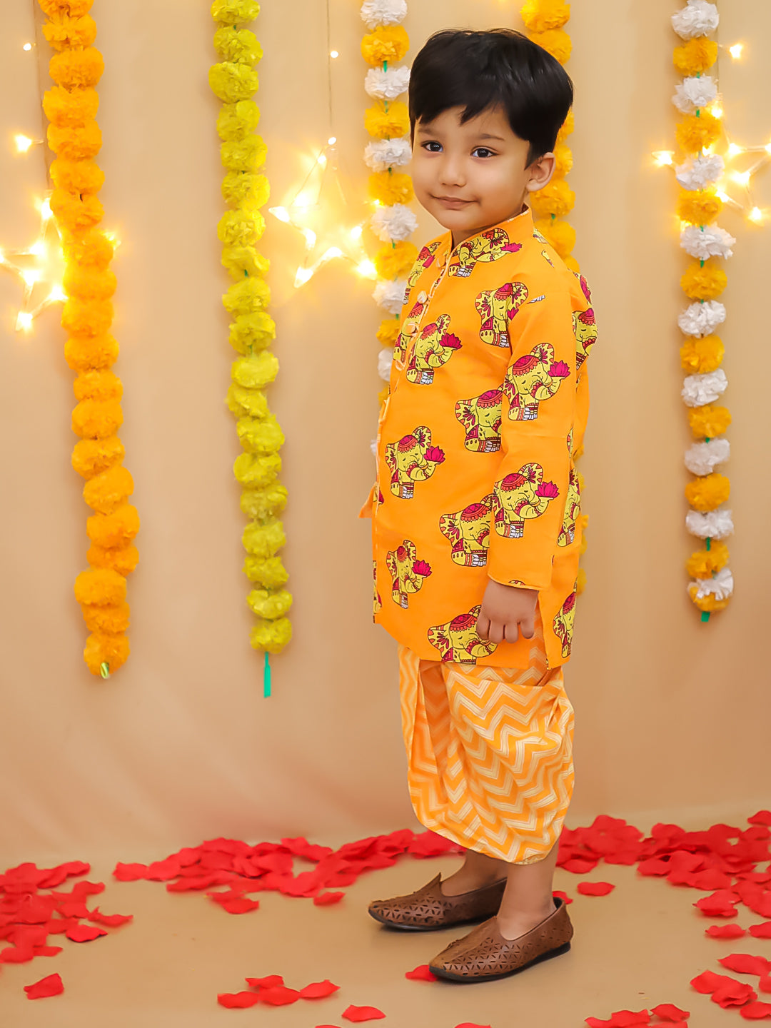 BownBee Pure Cotton  Elephant Printed Dhoti Kurta For Infant Boys -Yellow
